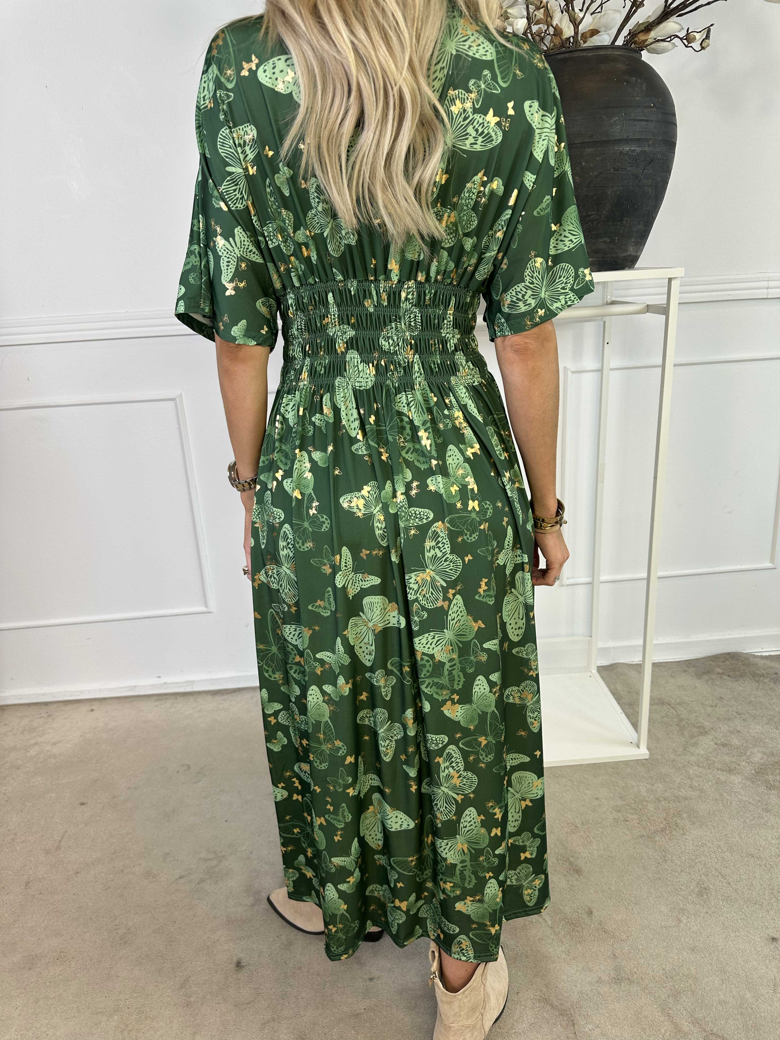 Pams Butterfly - Lang elastisk kjole med smock i livet